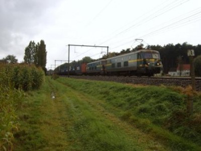 De 2356 met een broertje in treinschakeling sleept bij doortocht tussen Loppem en Brugge een containertrein in de richting van Brugge, wat hij binnen enkele minuten zal bereiken...